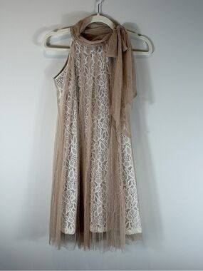 Ryu Cream Lace Dress with Taupe Sheer Overlay and Neck Tie Size Small